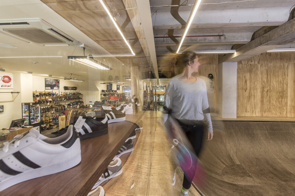 Interior of Boardertown retail store designed by BSM Group Architects
